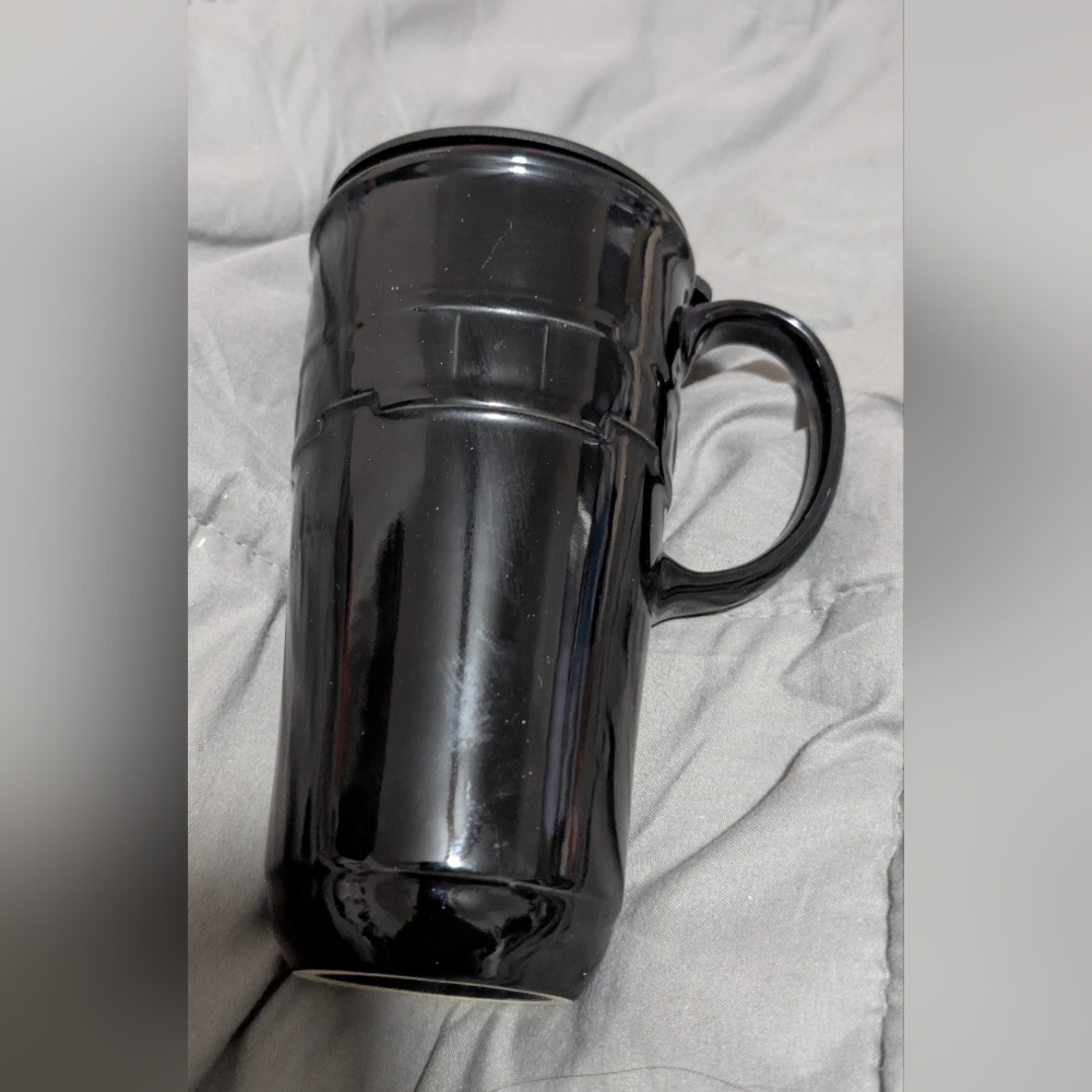 RETIRED LONGABERGER POTTERY 7" TALL WOVEN TRADITION BLACK COFFEE MUG W/LID NICE